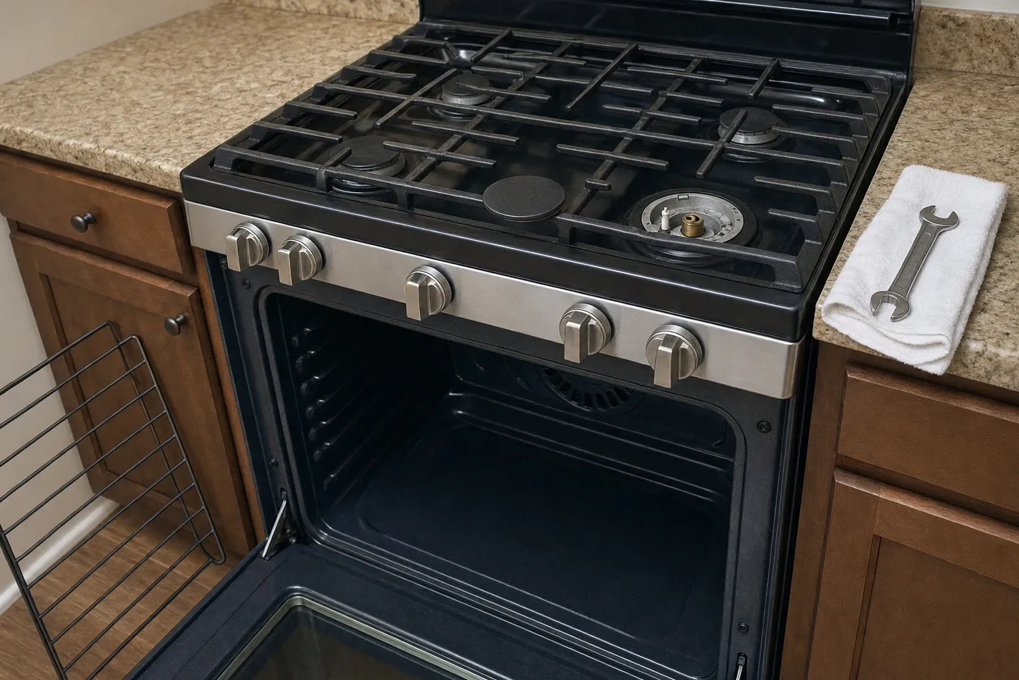 Gas cooktop with one burner cap lifted off and the brass burner head bare, oven door open below