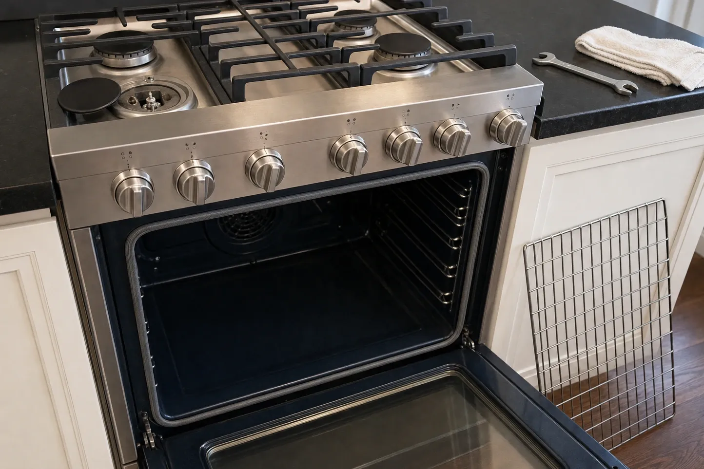 Stainless slide-in range with the burner head bare and the oven open on its convection fan, rack set aside ready to go back